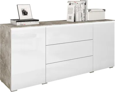 Produktbild von MIRJAN24 Kommode Vera, Griffloses Öffnungssystem, Sideboard, Stilvoll Highboard Schrank (Farbe: Beton / Weiß Hochglanz, mit weißer LED Beleuchtung)