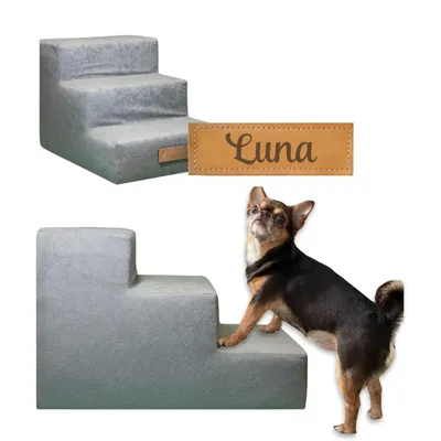 Produktbild von Hundetreppe 3 Stufen personalisiert mit Namen, Haustiertreppe für Hunde und Katzen, Einstiegshilfe für ältere und kranke Tiere, Hunderampe