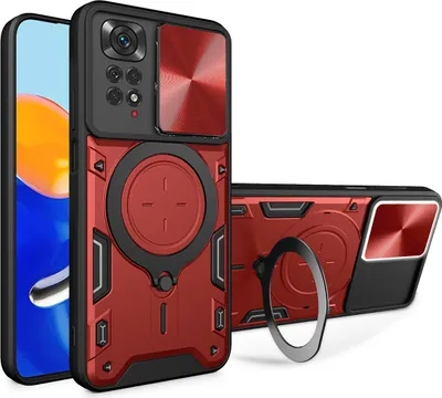 Produktbild von Handyhülle für Xiaomi Redmi Note 11 4G /Note 11s Dual-Layer Stoßfest Rüstung Hülle mit Dia Kameraschutz und Kreisförmig Ring Ständer Rot