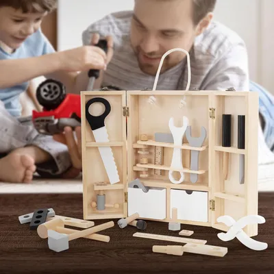 Produktbild von Joyz Werkzeugkasten für Kinder, 21x30x8 cm, Natur, aus Holz, inkl. 8 Werkzeugen, Montessori Spielzeug ab 1 Jahr, Pädagogische Holzspielzeug, Multifunktion Werkzeugkoffer Kinderwerkzeug Set Werkzeugkiste Holzwerkzeug
