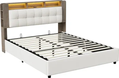 Image de Lit coffre 160x200 cm - Lit double avec espace de rangement et éclairage LED - Tête de lit avec espace de rangement - Sommier à lattes - Revêtement en velours, couleur crème
