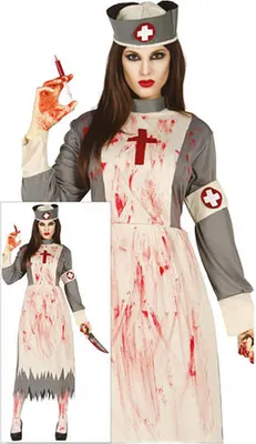 A woman dressed in a bloody nurse costume, holding a syringe and a knife. The image includes a smaller inset of the full costume.