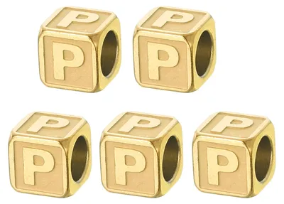 Buchstabenperlen aus Stahl, 5 Stück, Gold, 8x8x5 mm