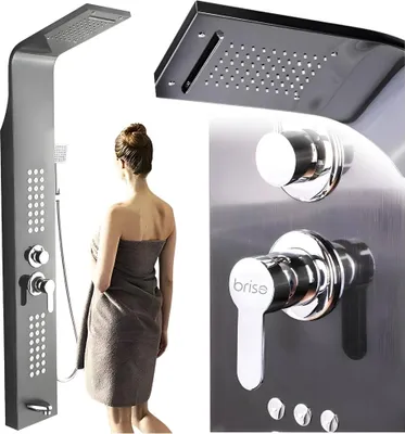 A collage of images showing a shower panel and a woman wrapped in a towel.