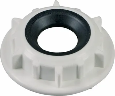 A white plastic nut with a black rubber seal, likely a component for a dishwasher spray arm.