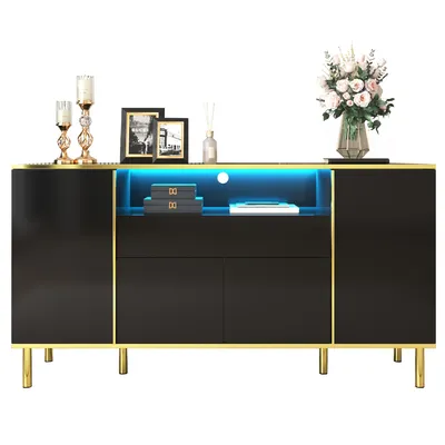 Immagine prodotto di Fortuna Lai credenza nera con quattro ante e due cassetti, mobile moderno a LED, nero