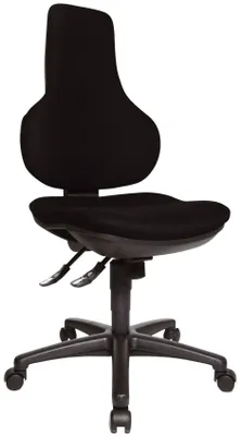 A black office chair with a distinctive ergonomic backrest and a five-star base with wheels, presented against a white background.