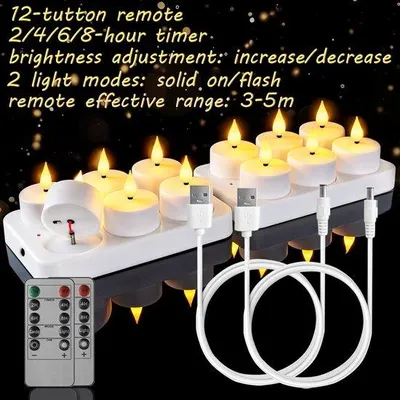 Obrázek produktu pro Sada LED svíček s časovačem a dálkovým ovládáním – 12 kusů – dobíjecí LED svíčky – blikající svíčky – funkce časovače – ideální do obývacího pokoje – Vánoce – Halloween – dekorace