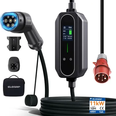Image de Station de recharge mobile de 11 kW avec câble de recharge de type 2, triphasé, réglable de 6 à 16 ampères et d'une longueur de 10 mètres