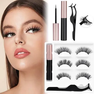 Produktbild von Magnetische Wimpern, 3 Paare 3D-Kunstwimpern mit Eyeliner und Wimpernclip, wiederverwendbare handgefertigte künstliche Wimpern mit natürlicher Dichte für Make-up und Cosplay