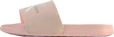Zdjęcie produktu dla Dziecięce sandały typu slide z nadrukiem logo, w stylu jeansowym, do zakładania na nogę