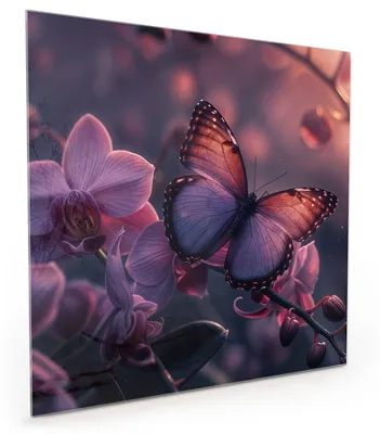 Produktbild von Küchenrückwand Spritzschutz Glas mit Motiv Schmetterling Blüte 40 x 40 cm