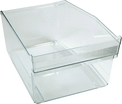 A clear plastic refrigerator drawer, isolated on a white background.
