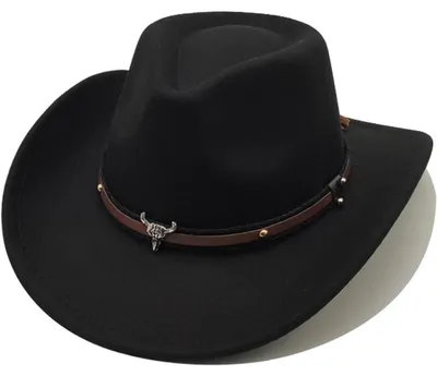 Produktbild von Cowboyhut Damen Herren Westernhut Fedora Breiter Krempe mit Lederband Einheitsgröße Schwarz