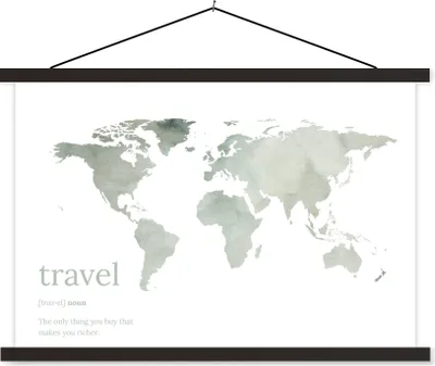 Produktbild von MuchoWow® Textilposter Weltkarte - Zitat - Reisen 150x100 cm mit schwarzem Rahmen - Schlafzimmer