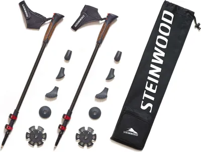 Produktbild von Steinwood Premium 100% Carbon Nordic Walking Stöcke verstellbar mit Teleskop und Klemmverschluss mit extra Gummipuffer und Tragebeutel, Mehrfarbig