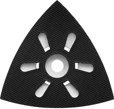 A triangular sanding pad with multiple holes for dust extraction.