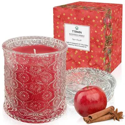 Obrázok produktu pre Vonná sviečka v skle, jablko a škorica, 200g, sójový vosk, dlhá doba horenia, červená