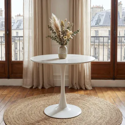Produktbild von Esstisch LOIRE mit runder Tischplatte aus Keramik 80 cm, Weiß - Ideal für Essbereich oder Küche, Esszimmertisch Keramik, kleiner Esstisch, robust und pflegeleicht, minimalistisches Design