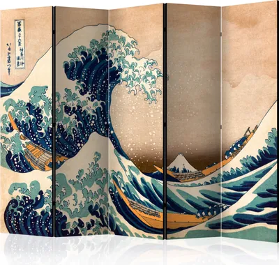 A folding screen with a Japanese art print of a large wave and boats.