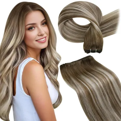 Obrázok produktu pre Príčesky z prírodných vlasov, farba: hnedá s efektom balayage, platinoblá, dĺžka 60 cm, hmotnosť 100 g