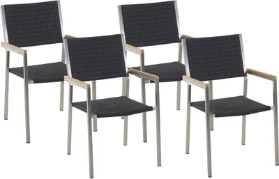 Produktbild von BELIANI Gartenstühle 4er Set Schwarz / Silber Polyrattan Edelstahl mit Armlehnen Rattanbespannung Terrasse Outdoor Modernes Design