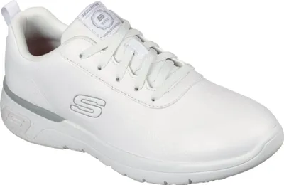 A white Skechers sneaker is shown from a side angle against a white background.