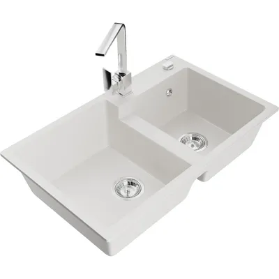 Obrázok produktu pre Mexen Tomas granitový dvojkomorový drez s kuchynskou batériou Rita, Biela - 6516-20-670300-00