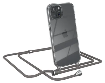 A clear iPhone case with a gray lanyard is shown against a white background.