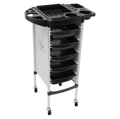 Immagine prodotto di Carrello da salone - Carrello da parrucchiere - Carrello con cassetti - 6 ripiani - 5 cassetti - 4 ruote - Acciaio inossidabile e plastica - 15 kg per ripiano - 36×85,5 cm - Bianco