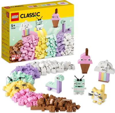 Produktbild von LEGO 11028 Classic Pastell Kreativ-Bauset Bausteine-Box, Konstruktionsspielzeug für Mädchen und Jungen ab 5 Jahren mit Modellen; Eiscreme, Dinosaurier, Katze & mehr
