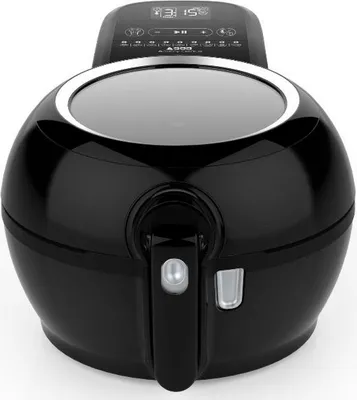 A black air fryer is shown against a white background.