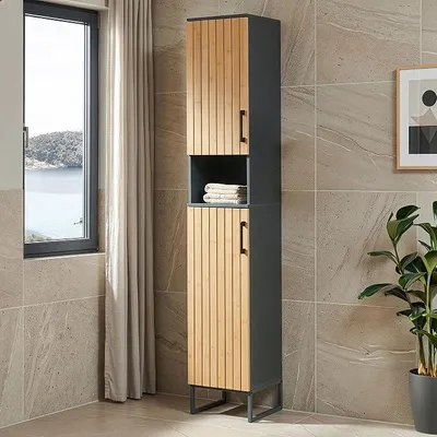 Produktbild von Hochschrank Bad Svanes Badezimmerschrank mit 2 Türen 170 x 30 x 30 cm Badschrank schmal 6 Fächer Aufbewahrungsschrank Bambusfront Metallgestell Dunkelgrau/Natur
