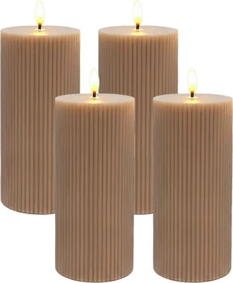 Zdjęcie produktu dla Świece LED Relaxdays, zestaw 4 szt., 18 x 7,5 cm, migoczący płomień, prawdziwy wosk, żłobienia, świece blokowe bez płomienia, kolor mocha-mousse