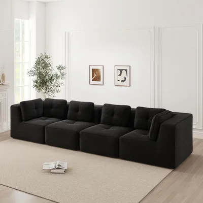 Produktbild von Cordstoff-Viersitzer-Sofa, rahmenloses Modulsofa, Tiefensitz, 386 x 104 x 69 cm, Schwarz