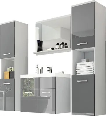 Produktbild von MIRJAN24 Badmöbel-Set Montreal XL, Badezimmer-Set mit Spiegel und Waschbecken (Farbe: Weiß / Grau Hochglanz, mit Siphon)