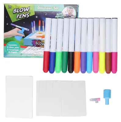 Obrázok produktu pre Detské fúkacie fixky, kreslenie fluorescenčnými farbami, vyfarbovanie, 8 šablón, vzdelávací airbrushový fix, s motívom dinosaurov