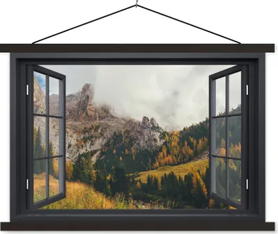Produktbild von MuchoWow® Textilposter Aussicht - Berg - Baum 90x60 cm mit schwarzem Rahmen - Aufhängungssatz