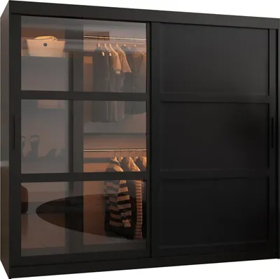 A black sliding door wardrobe with glass doors on the left side, showing clothes and shelves inside.