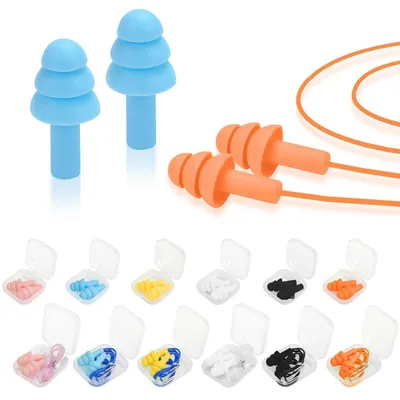 Obrázek produktu pro Silikonové špunty do uší, 12 párů, opakovaně použitelné, potlačující hluk, vhodné pro plavání, spánek a práci. Součástí balení je 6 párů se šňůrkou a 6 párů bez šňůrky