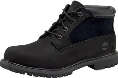 A black Timberland boot is shown against a white background.