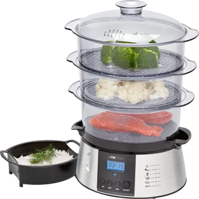 Produktbild von Clatronic DG 3547 elektrischer Dampfgarer | Steam Cooker | Reiskocher, mit 3 Dampfgarbehältern inkl. Reis-Schale | Digital-Timer | LCD-Display