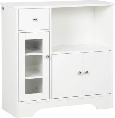 Image de HOMCOM Buffet de cuisine meuble de rangement moderne avec porte en verre, tiroir, grande niche et étagères réglables, 80 x 30 x 82 cm, blanc