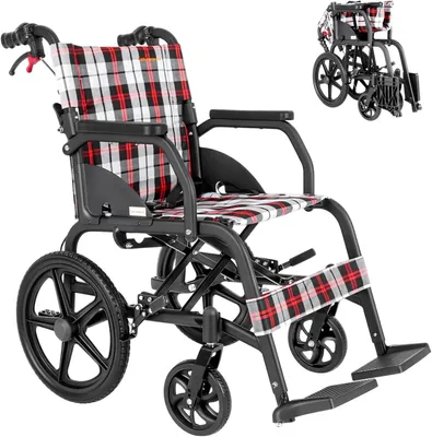 Produktbild von Faltbarer, leichter Rollstuhl mit doppelter Bremse (11 kg), faltbarer Transportrollstuhl für Senioren, Aluminium-Rollstühle mit Fußstütze, Rollstuhl für Menschen mit Behinderung
