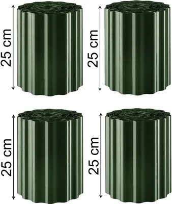 Four rolls of green garden edging are displayed against a white background, with dimensions indicated.