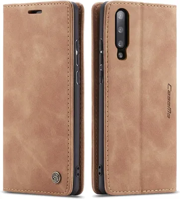 A product shot of a brown flip phone case, shown from the front and back.