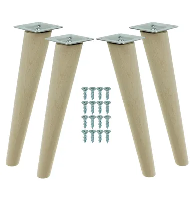 Four wooden furniture legs with metal mounting plates and a group of screws on a white background.
