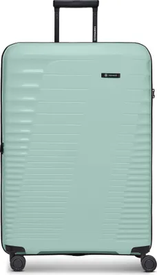 A mint green suitcase is shown against a white background.