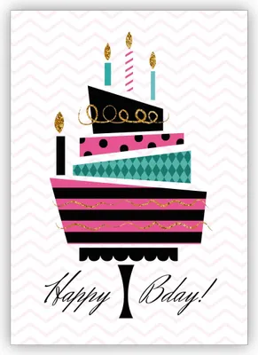 Produktbild von 4x Coole Retro Designer Geburtstagskarte mit Vintage Torte: Happy Bday!