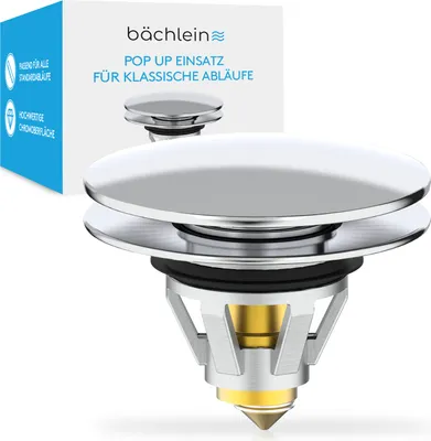 Produktbild von Bächlein universeller Pop Up Waschbeckenstöpsel - Stöpsel Waschbecken Chrom Abflusssieb Waschtisch Abfluss 40mm Ablauf Ventil Stopfen Ersatzstöpsel Haarsieb